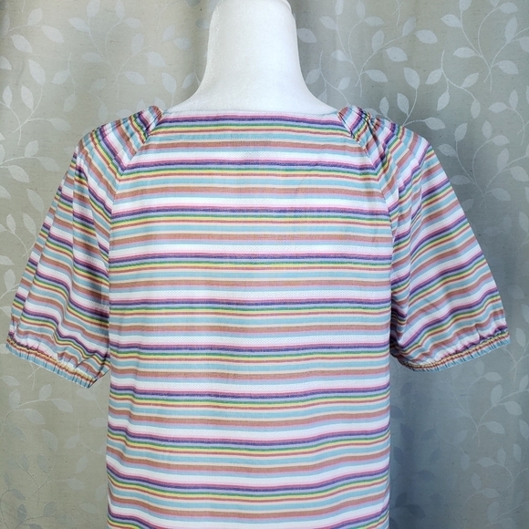 Talbots Pastel Rainbow Striped Puff Sleeve Peasant Top Medium Petite - Picture 10 of 15